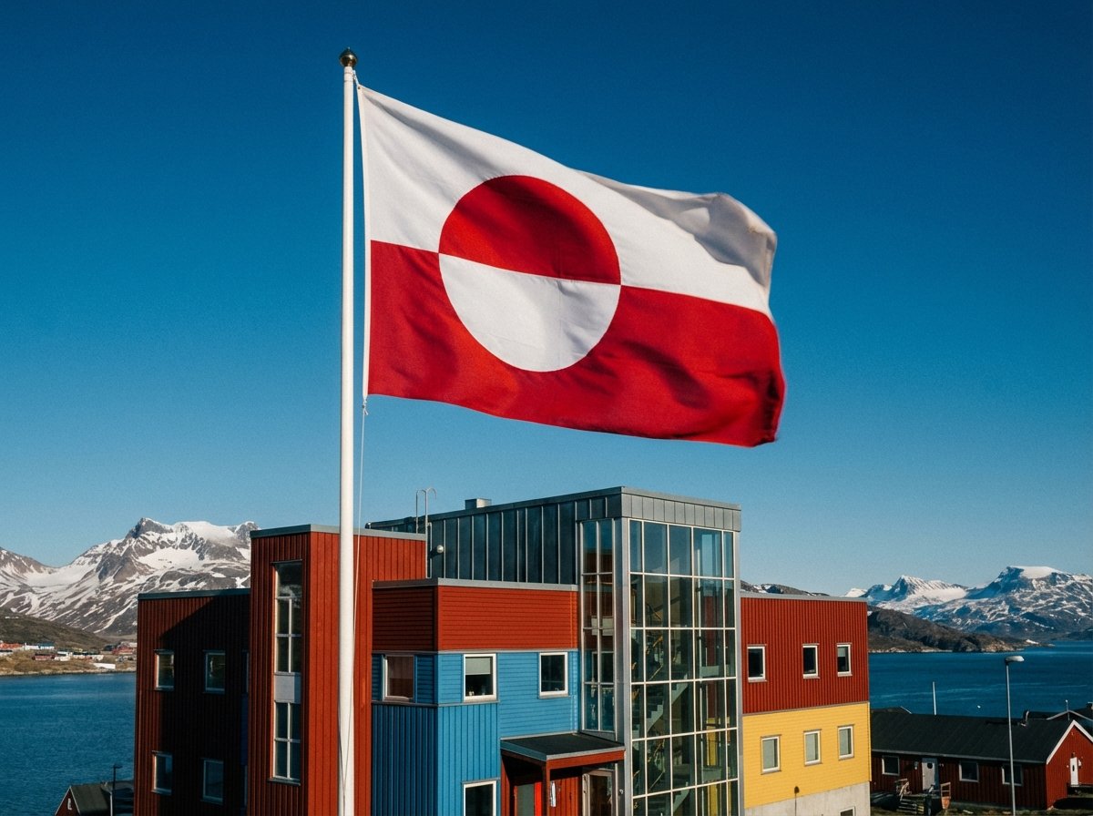 The flag of Greenland flying over a colorful modern building in Nuuk, Greenland. Blue sky, crisp Arctic air, cinematic photography, 4:3 aspect ratio, no text.