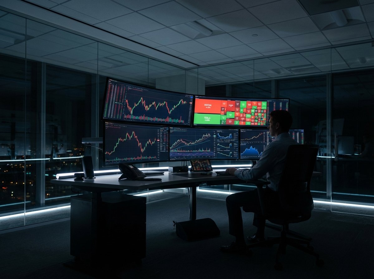 A modern financial trading desk with multiple monitors displaying stock market graphs and data visualizations of Nvidia and Tesla, high-tech office interior, cinematic lighting, 4:3 aspect ratio, no text.