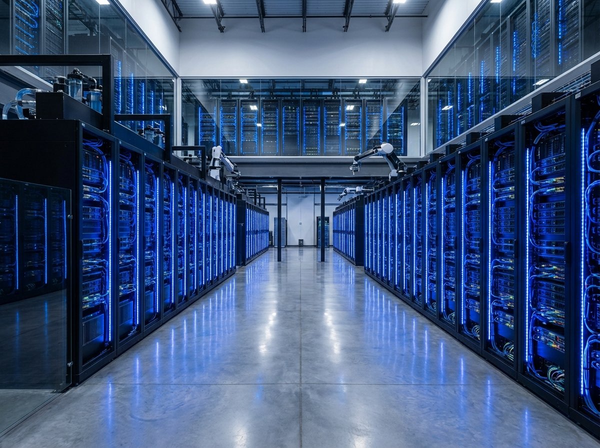 Inside a massive modern data center with glowing blue lights and rows of AI servers, sleek hardware components, high-tech infrastructure, clean perspective, 4:3 aspect ratio, no text.