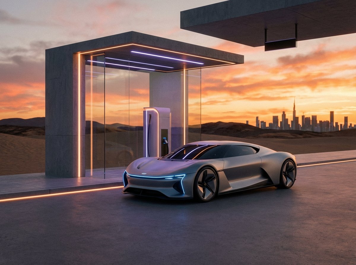 A futuristic electric vehicle parked at a minimalist high-speed charging station at sunset, sleek design, soft ambient lighting, clean background, 4:3 aspect ratio, no text.