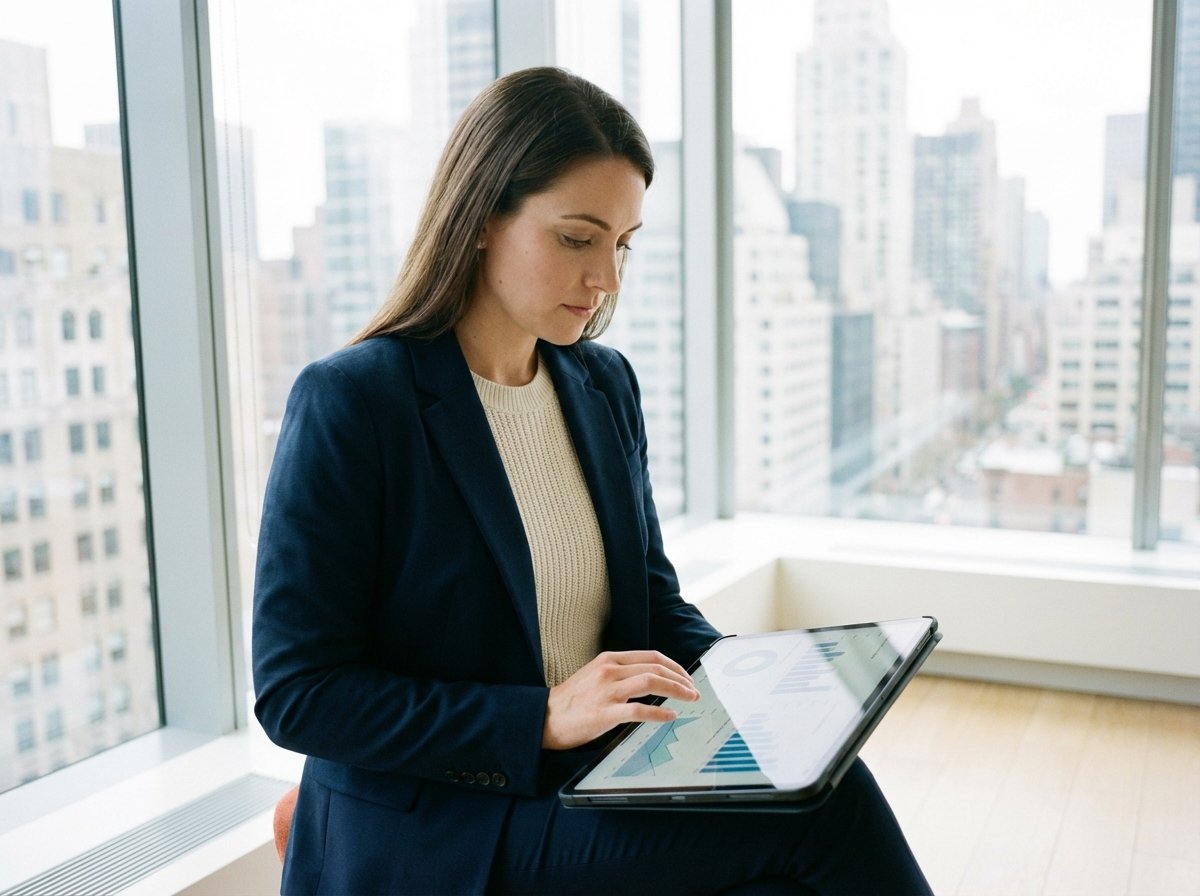 A professional analyst in a smart casual outfit reviewing data on a tablet in a bright modern office with a city view through large windows, natural lighting, calm atmosphere, 4:3 aspect ratio, no text.