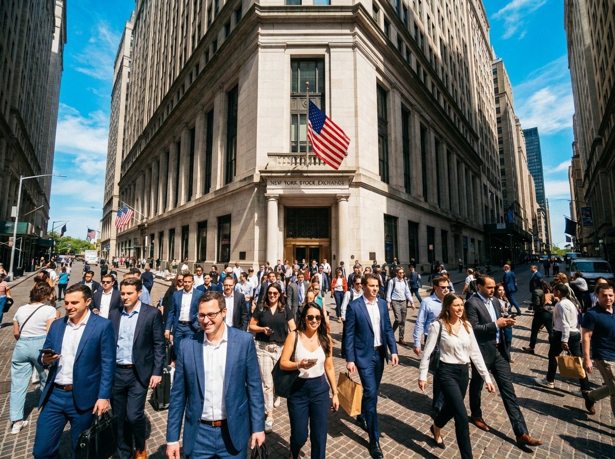 A wide shot of the New York Stock Exchange building with a vibrant blue sky and people walking busily, representing a booming economy, modern lifestyle photography, high contrast, 4:3
