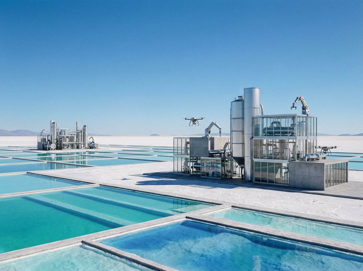 A modern industrial lithium mining facility with high-tech equipment and a clear blue sky, clean composition, artistic rendering, 4:3