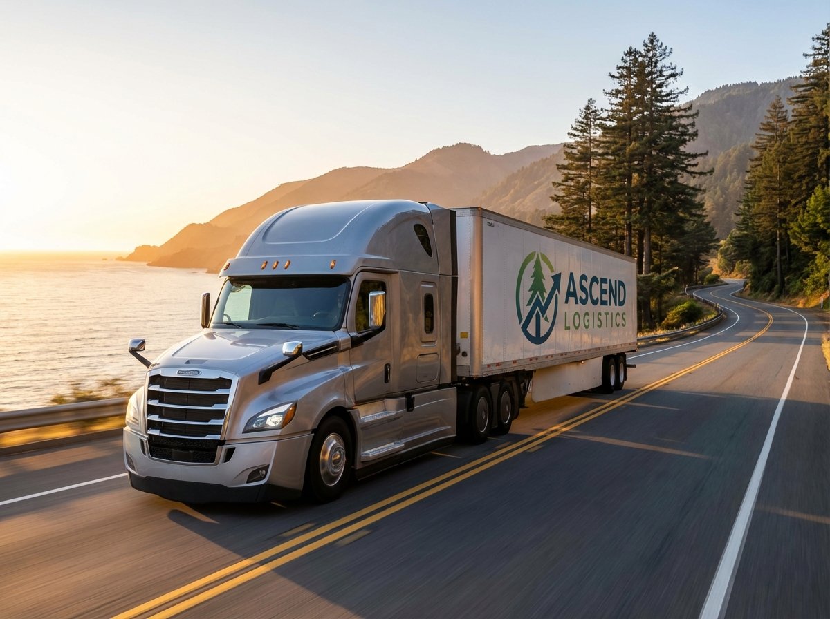 A professional logistics truck driving on a scenic highway during sunrise, representing movement and growth, realistic photography, 4:3
