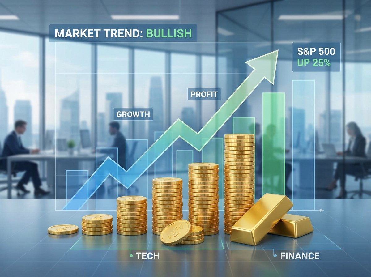 A clean infographic showing a rising stock market trend with gold coins and a professional office background, modern layout, 4:3