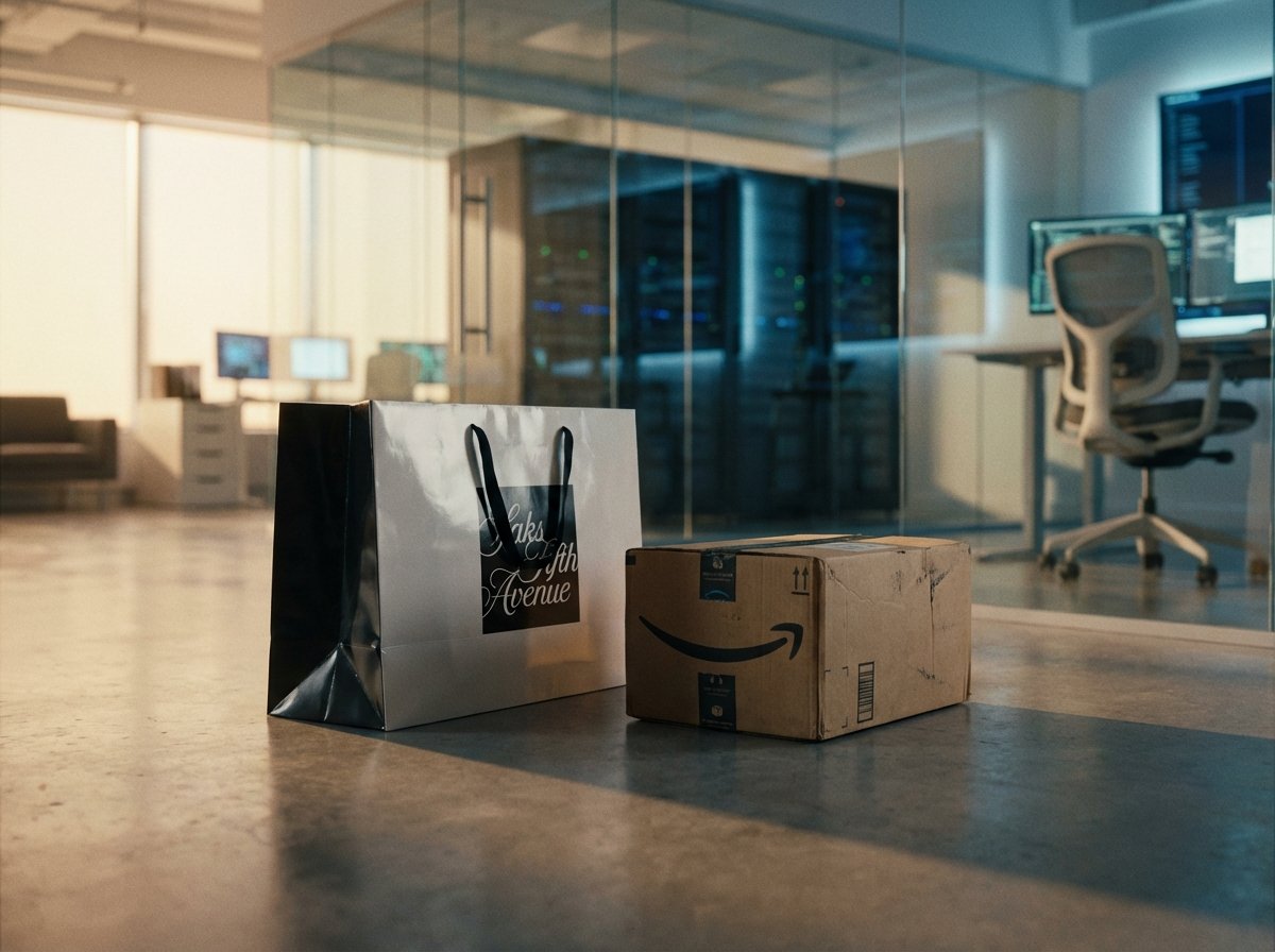 A high-end luxury shopping bag from Saks Fifth Avenue placed next to an Amazon delivery box with its signature arrow logo. The background is a clean, modern high-tech office environment. Cinematic lighting, soft shadows, 4:3 aspect ratio, no text.