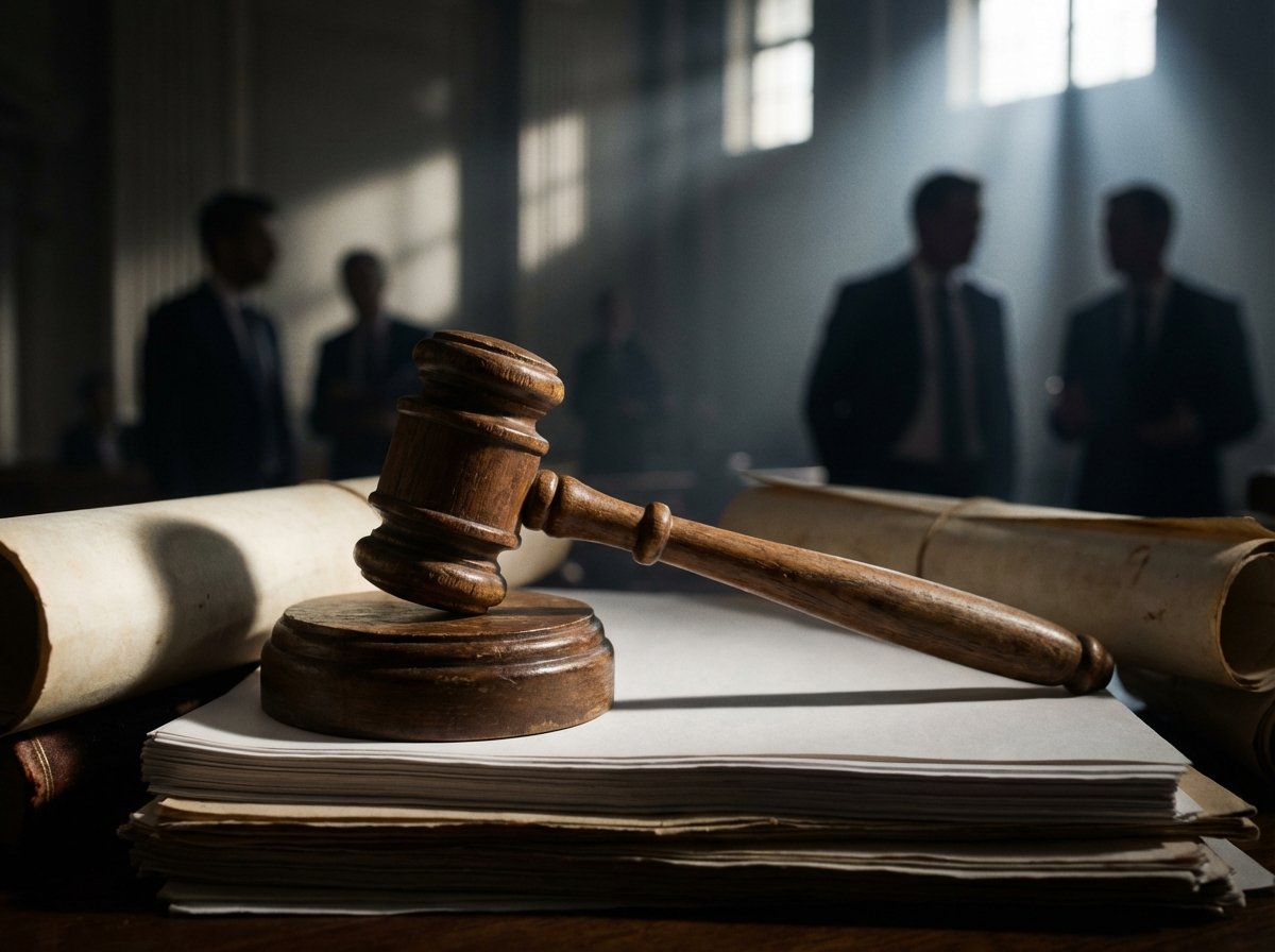 A wooden judge gavel resting on top of legal documents in a prestigious courtroom setting. In the background, there are blurred shadows of business professionals. The lighting is dramatic and serious, emphasizing a legal battle. 4:3 aspect ratio, no text.