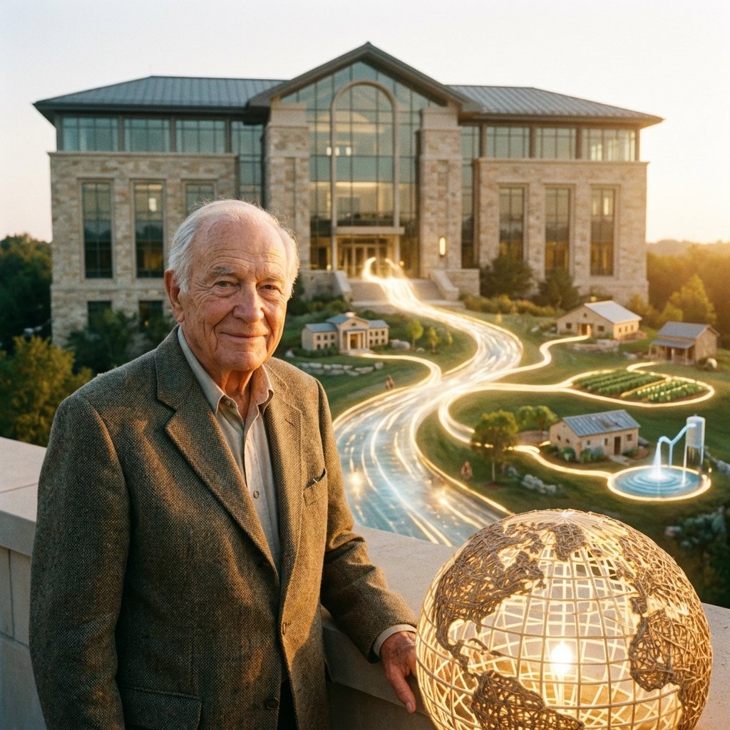 A wise elderly legendary investor smiling gently, background featuring a conceptual representation of global philanthropy and a large foundation building, warm golden lighting, realistic photography style, 1:1 aspect ratio, no text.