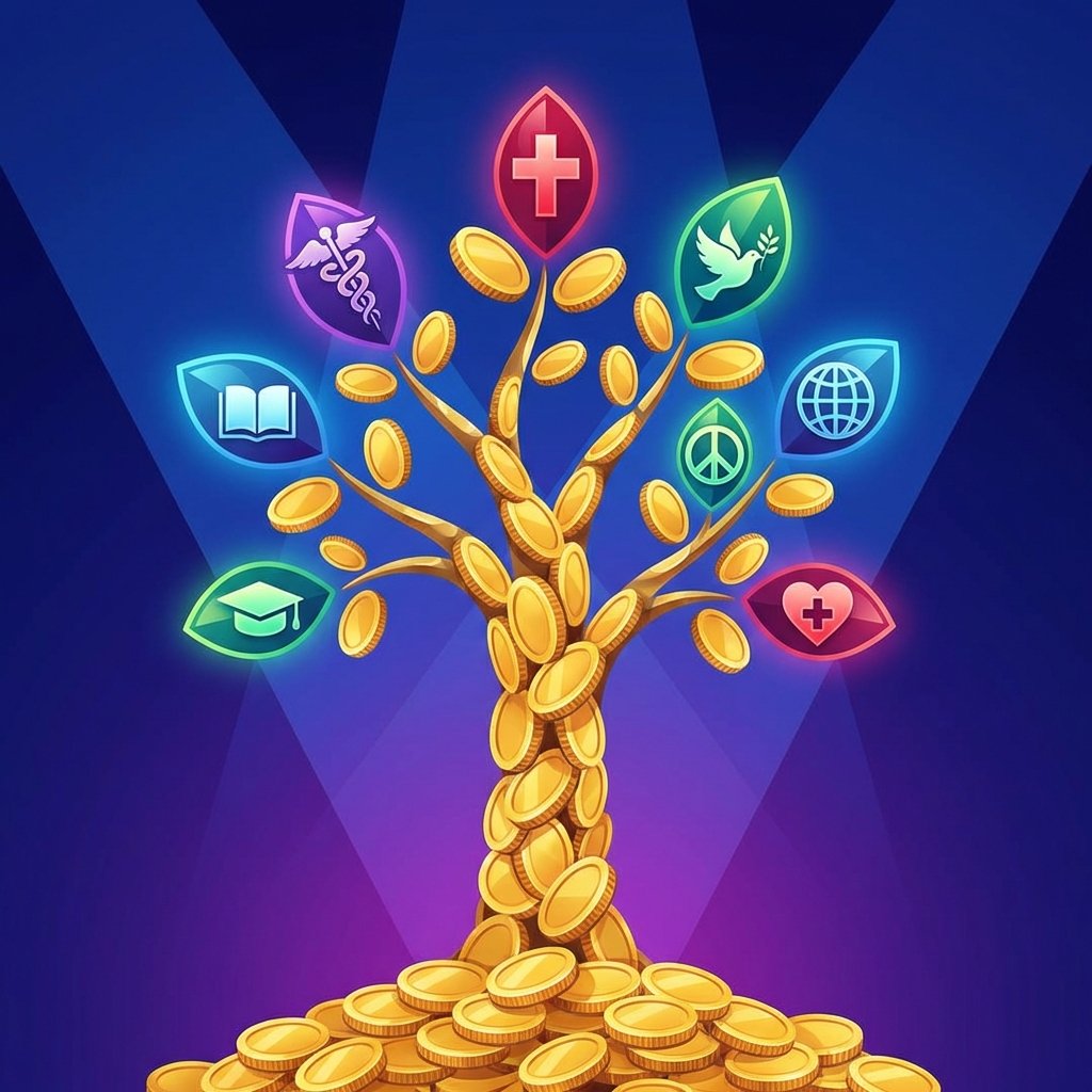 Artistic rendering of a tree growing from gold coins, its leaves transforming into global symbols of health education and peace, clean modern layout, high contrast, vibrant colors, 1:1 aspect ratio, no text.