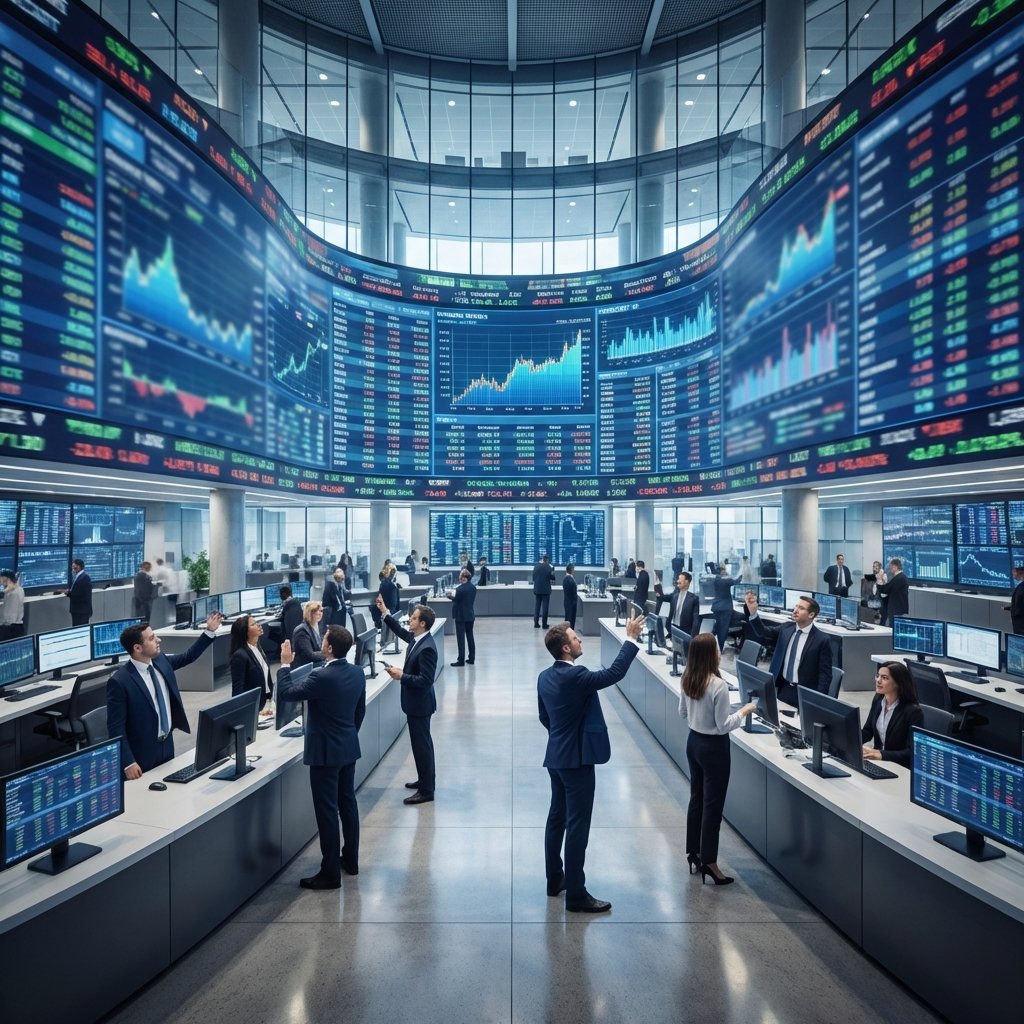 Realistic stock market trading floor with large digital displays showing financial data and stock tickers, high-tech modern office environment, wide angle, 1:1, no visible text