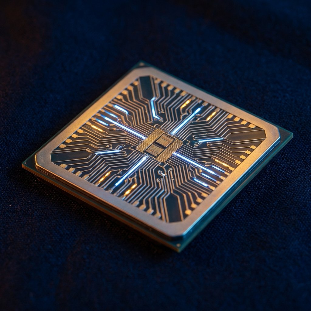 Macro photography of a high-tech gold and silver semiconductor chip with glowing circuits, representing advanced AI technology, dark blue background, cinematic lighting, 1:1, no text