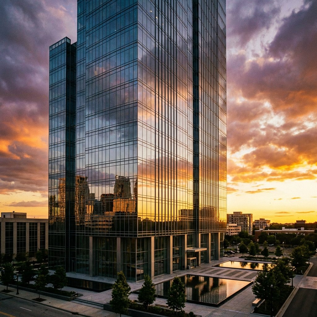 Modern glass skyscraper of a financial institution at sunset, reflection of clouds on windows, professional and clean aesthetic, high contrast, 1:1, no text