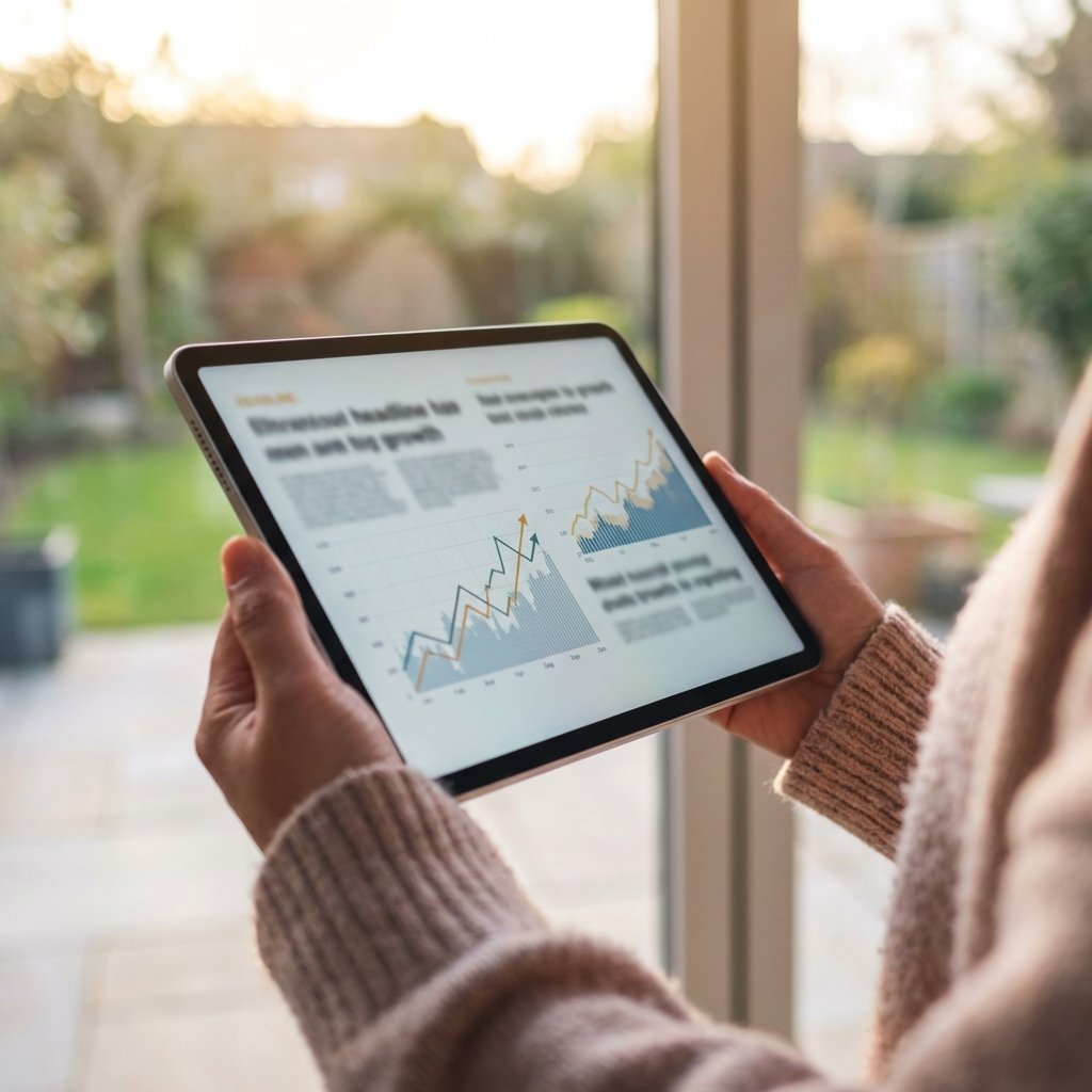 Close up of a person's hands holding a modern tablet showing financial news charts and headlines, warm lifestyle lighting, natural environment, 1:1, no text