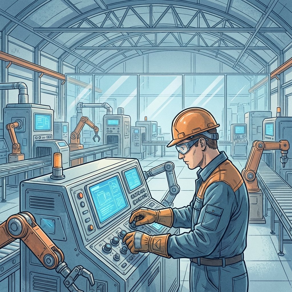 A professional technician wearing safety gear working with advanced machinery in a high-tech manufacturing facility, detailed composition, industrial illustration style, 1:1, no text