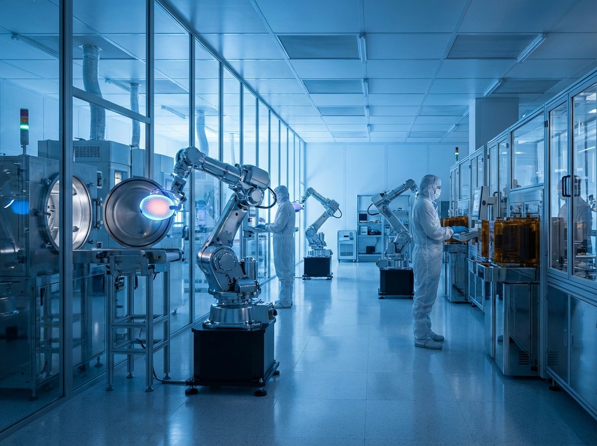A high-tech semiconductor manufacturing cleanroom with glowing blue lights and advanced robotic arms handling silicon wafers. Modern and professional atmosphere, 4:3 aspect ratio, no text.