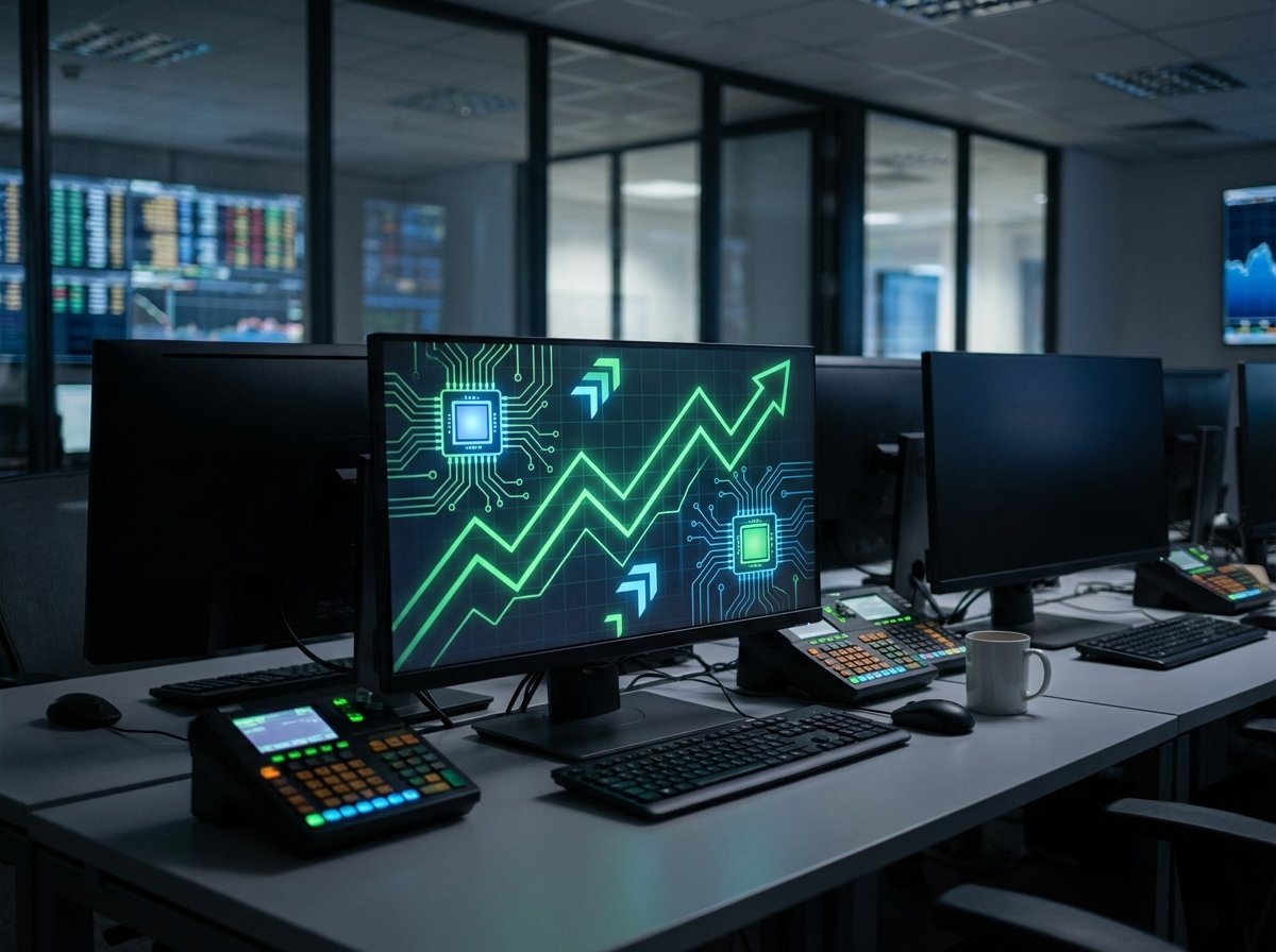 Financial stock market screen showing green upward trend lines for semiconductor companies. Abstract representation of chip logos and growth indicators, professional trading desk environment, 4:3 aspect ratio, no text.