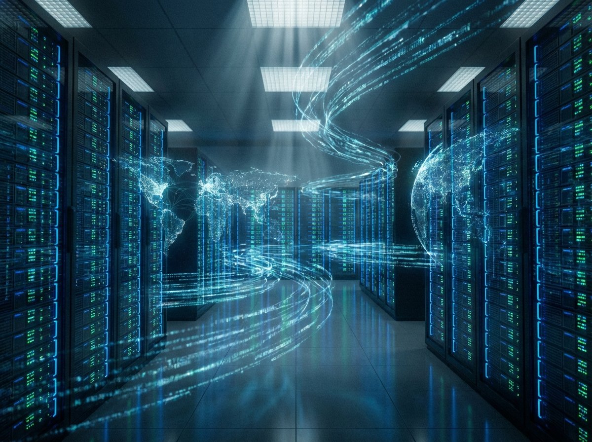 An expansive modern data center with rows of server racks and glowing digital data streams flowing through the air representing global connectivity. Cinematic lighting, 4:3 aspect ratio, no text.