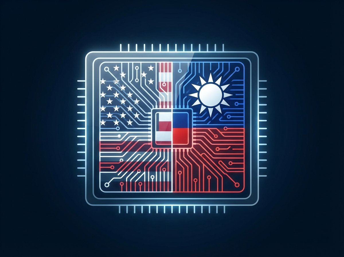 A clean and modern infographic showing a semiconductor chip with US and Taiwan flag elements integrated into the design, high contrast, professional lighting, 4:3 aspect ratio, no text.