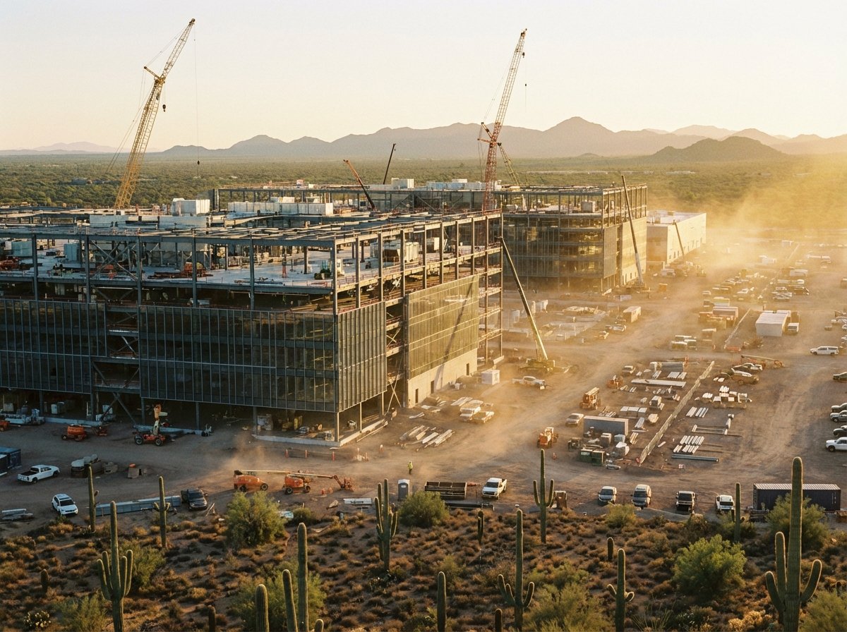 A realistic lifestyle photography of a massive high-tech semiconductor factory under construction in the Arizona desert, golden hour lighting, wide angle, 4:3 aspect ratio, no text.