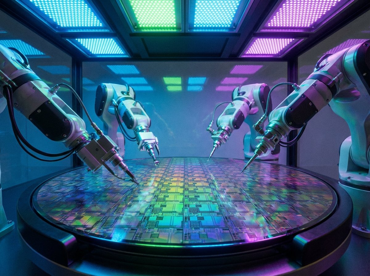 A high-tech semiconductor wafer in a clean room being inspected by robotic arms, vibrant lighting, macro shot, detailed textures, 4:3 aspect ratio, no text.