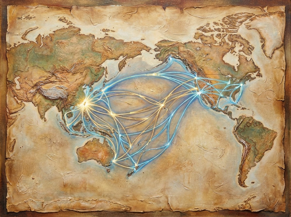 An artistic rendering of a world map highlighting the supply chain connection between Taiwan and the United States with glowing light paths, textured background, 4:3 aspect ratio, no text.