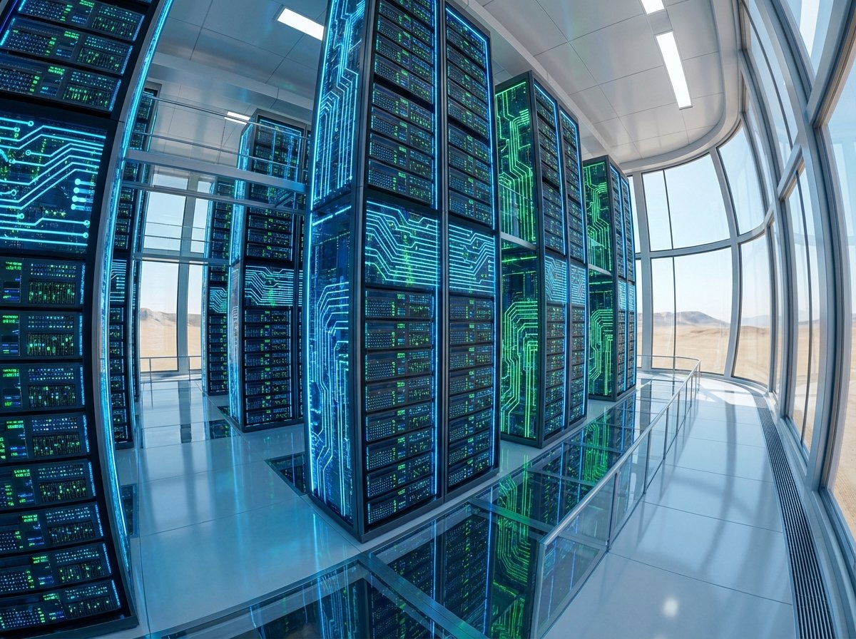 Interior of a massive modern data center with glowing blue and green lights on server racks, representing AI computing power. Wide angle perspective, clean and futuristic, no text, aspect ratio 4:3