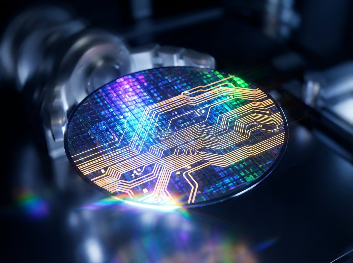 A silicon wafer with glowing digital data patterns and golden circuits overlaid. Artistic rendering of technology and data fusion, high contrast, vibrant colors, no text, aspect ratio 4:3