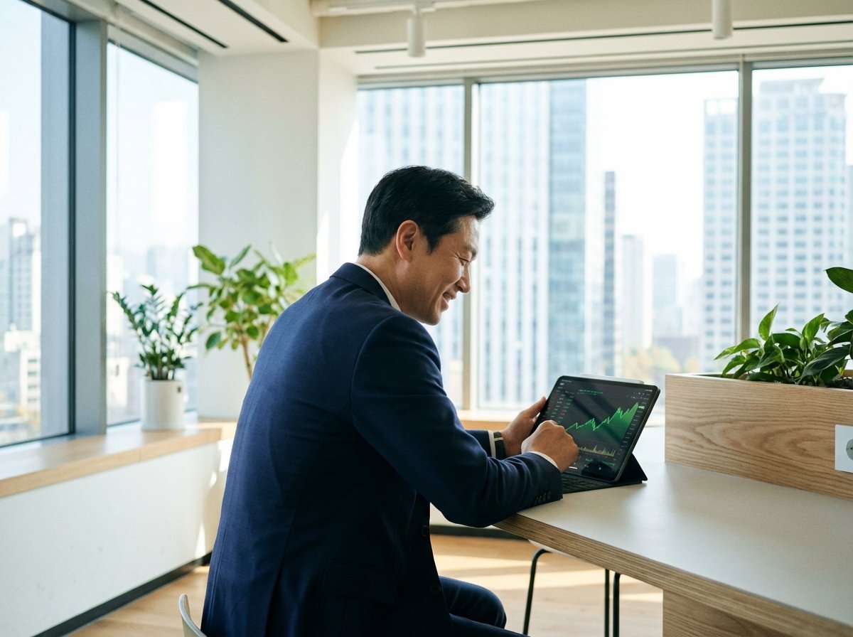 A professional Korean man in a modern office looking at a tablet showing rising stock market charts. Natural sunlight, clean workspace, realistic photography style, no text, aspect ratio 4:3