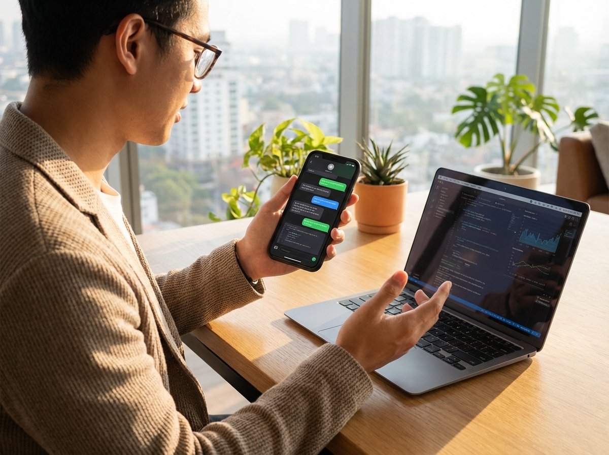 A professional person sitting in a modern office, using a smartphone and a laptop simultaneously. The smartphone screen shows a sleek app development interface with natural language chat bubbles. High-quality lifestyle photography, warm natural lighting, 4:3 aspect ratio, no text.