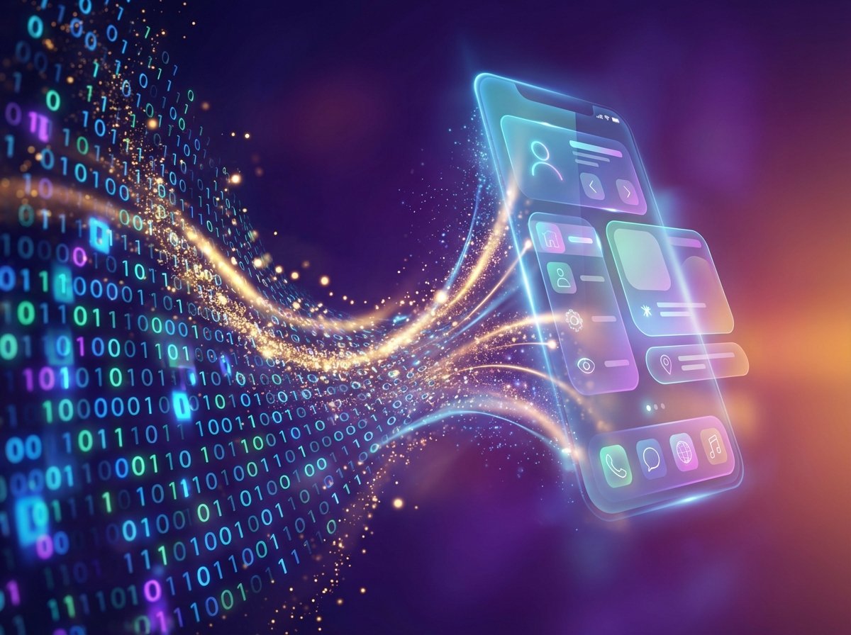 Artistic rendering of digital binary codes and glowing particles morphing into a beautiful and colorful mobile app user interface. Modern and futuristic style, vibrant gradient background, 4:3 aspect ratio, no visible text.