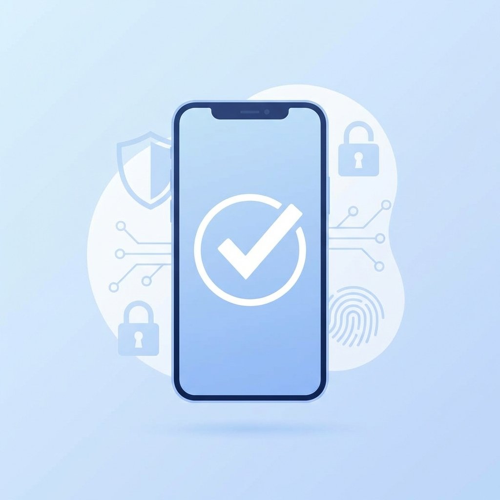 A clean and modern infographic style illustration showing a smartphone with a checkmark on its screen, surrounded by subtle security symbols. Minimalist design, high contrast, soft blue and white background, 1:1 aspect ratio, no text.