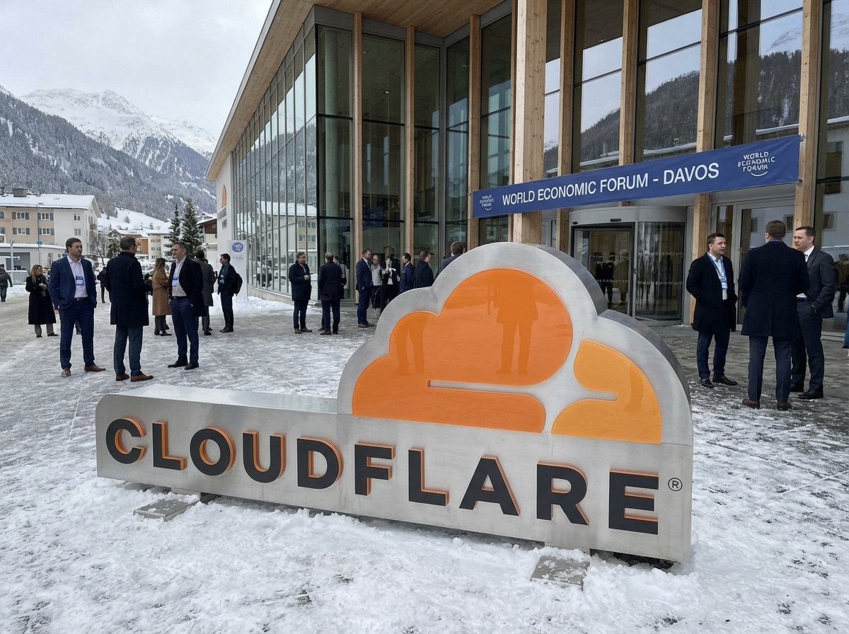 A photograph of the Cloudflare logo outside a modern building in Davos Switzerland during a high-profile summit, realistic outdoor lighting, professional atmosphere, 4:3, no text