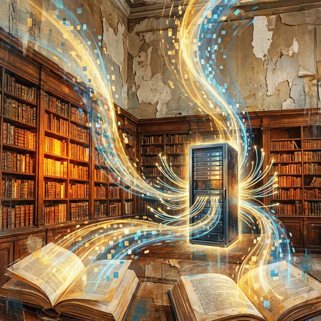 An artistic representation of a large library where books are transforming into digital light beams flowing into a server, warm lighting, textured background, representing the transition from traditional knowledge to AI training data, 1:1 aspect ratio, no text.