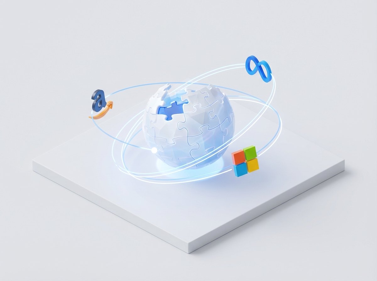 Minimalist 3D isometric view of logos like Amazon, Meta, and Microsoft orbiting around a central Wikipedia globe, connected by glowing data lines, bright and balanced lighting, 4:3 aspect ratio, no text.
