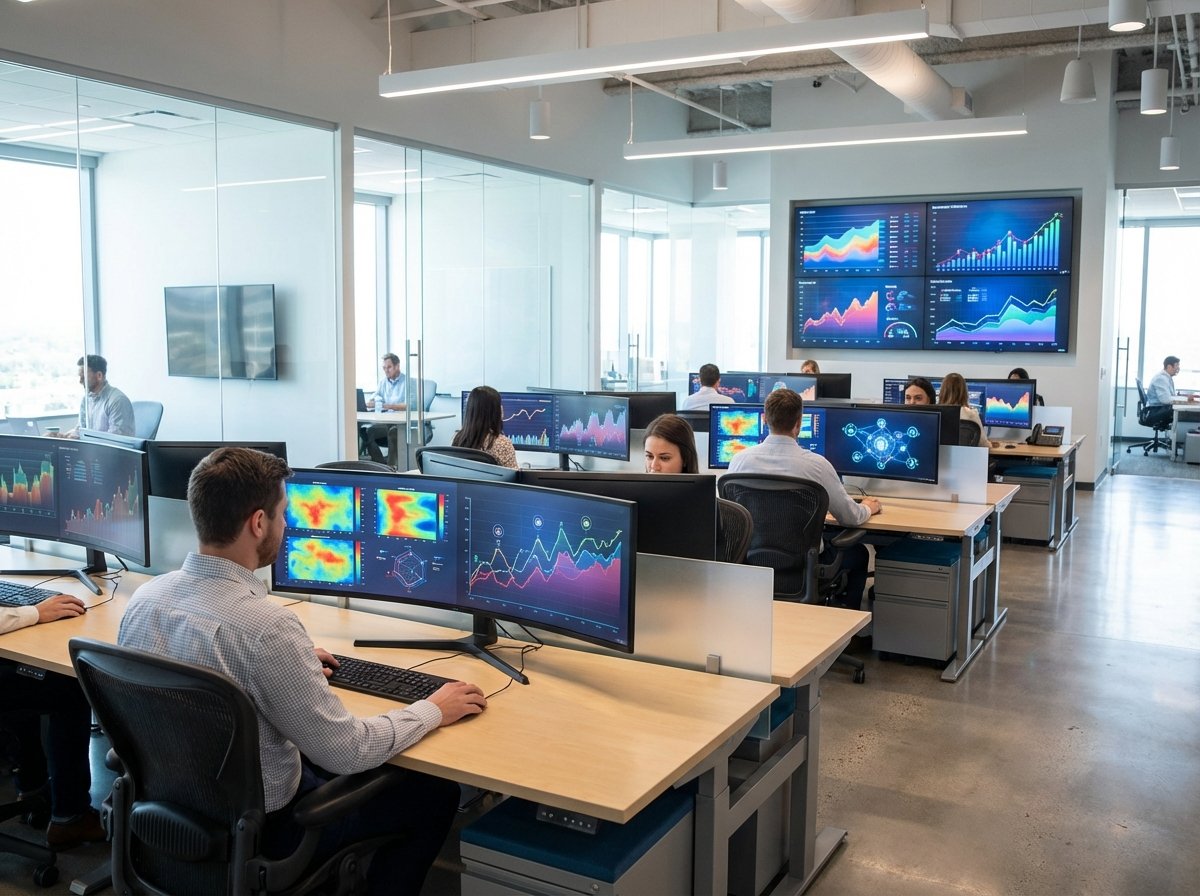 A modern office environment with digital screens showing complex financial data and AI growth charts, high-tech corporate atmosphere, clean and bright lighting, 4:3 aspect ratio, no text.
