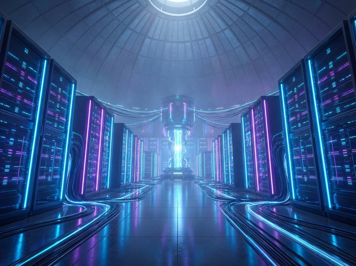A vast and futuristic data center with rows of glowing server racks, neon blue and purple light accents, wide angle view, cinematic atmosphere, 4:3 aspect ratio, no text.