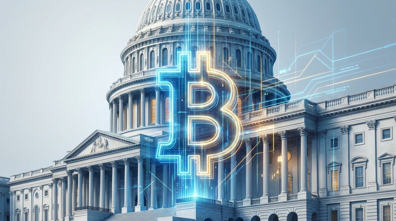 A modern and clean digital illustration showing a glowing cryptocurrency symbol integrated with a classical government building like the U.S. Capitol, blue and gold color palette, high contrast, professional lighting, 16:9 aspect ratio, no text.