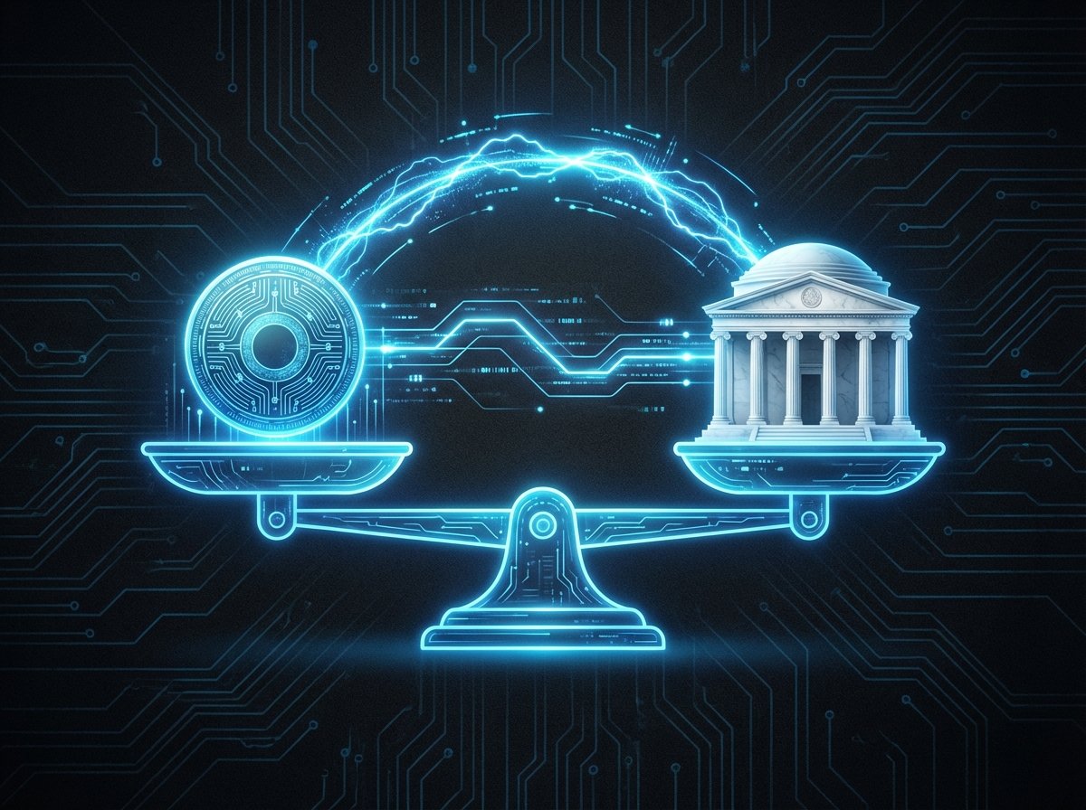 A high-tech infographic style image showing a digital coin on one side of a scale and a traditional marble bank building on the other side, glowing blue lines connecting them, dark background with subtle data patterns, high contrast, 4:3 aspect ratio, no text.
