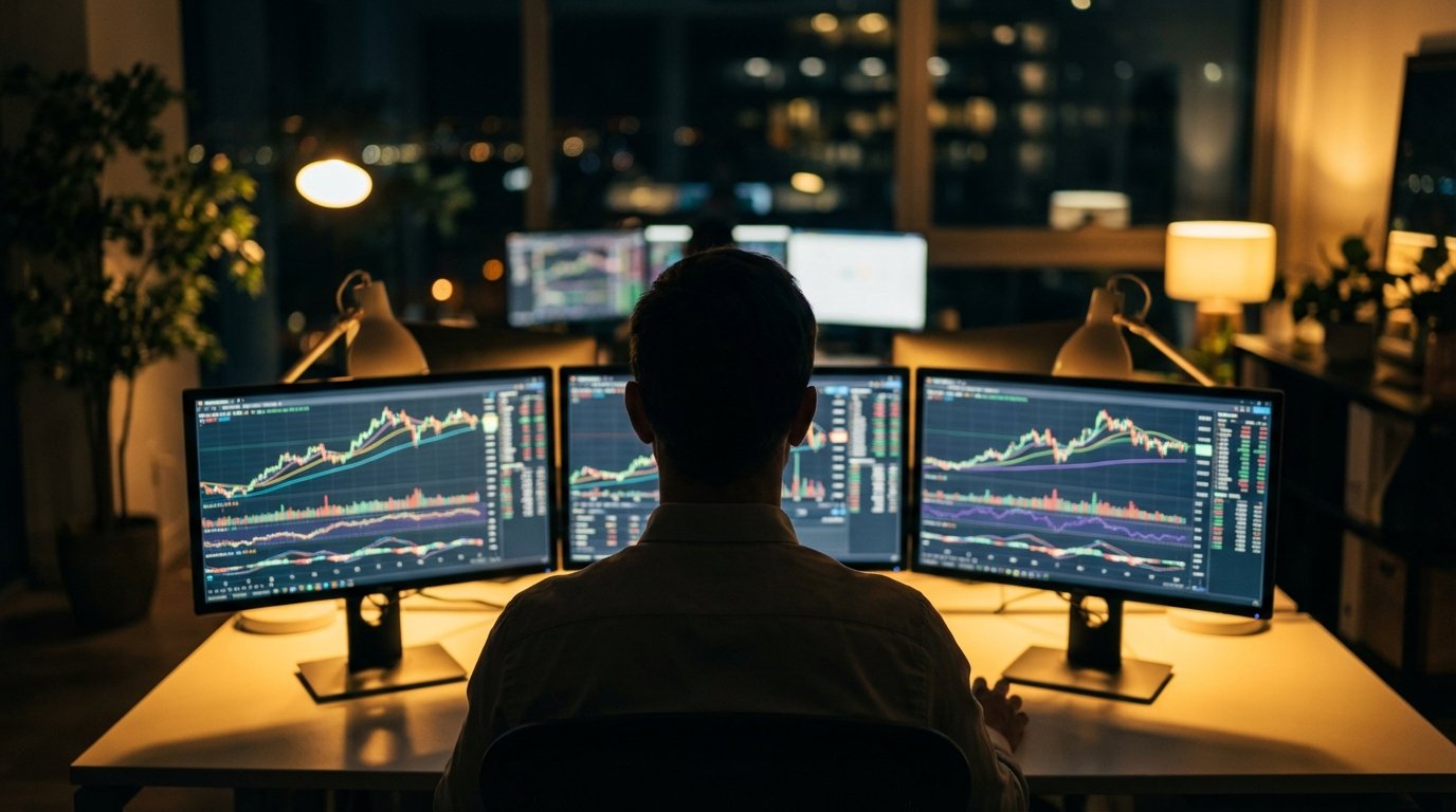 A realistic lifestyle photography of a person looking at multiple glowing screens with financial charts in a modern dimly lit office, focus on the screens and person's silhouette, warm ambient lighting, cinematic composition, 16:9 aspect ratio, no text.