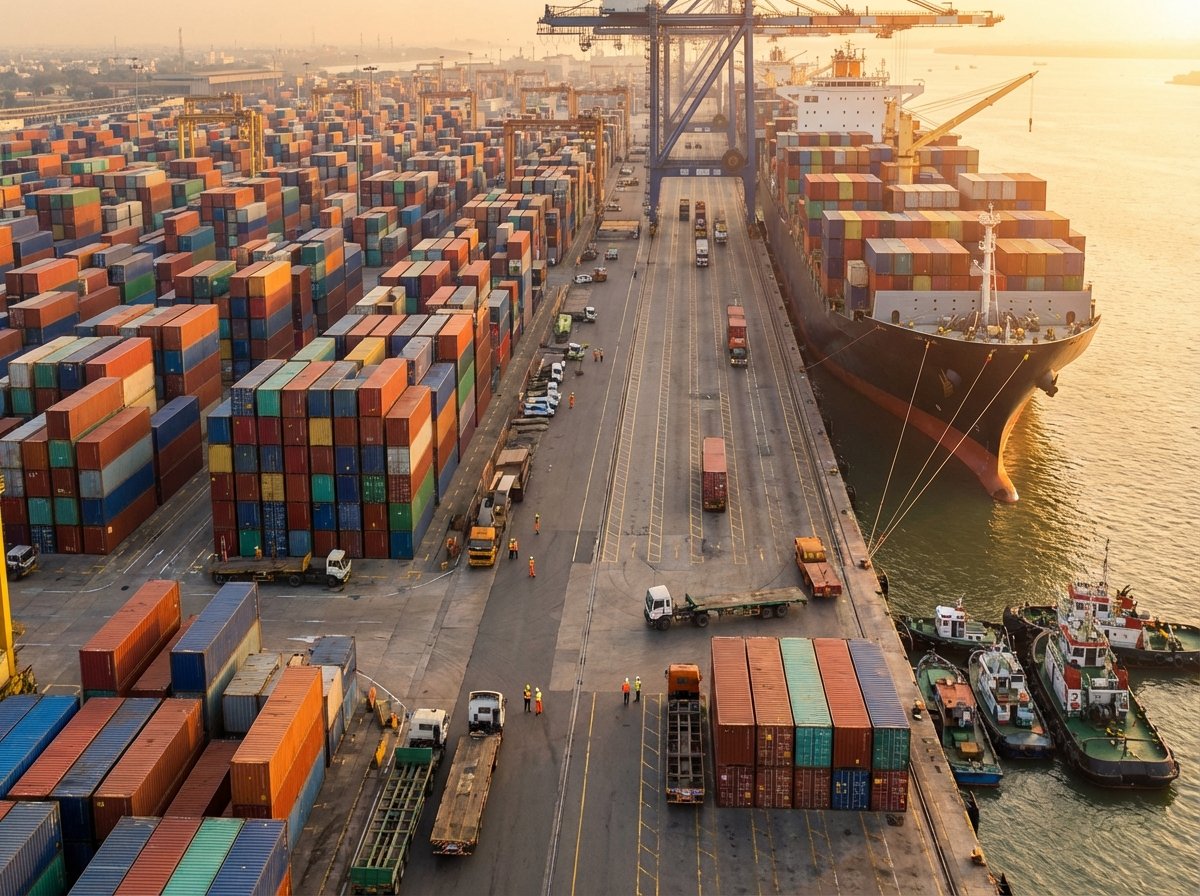 A busy Indian cargo port with thousands of colorful shipping containers stacked high, a large container ship docked at the pier, bustling maritime trade activity, golden hour lighting, 4:3 aspect ratio, high resolution, no text