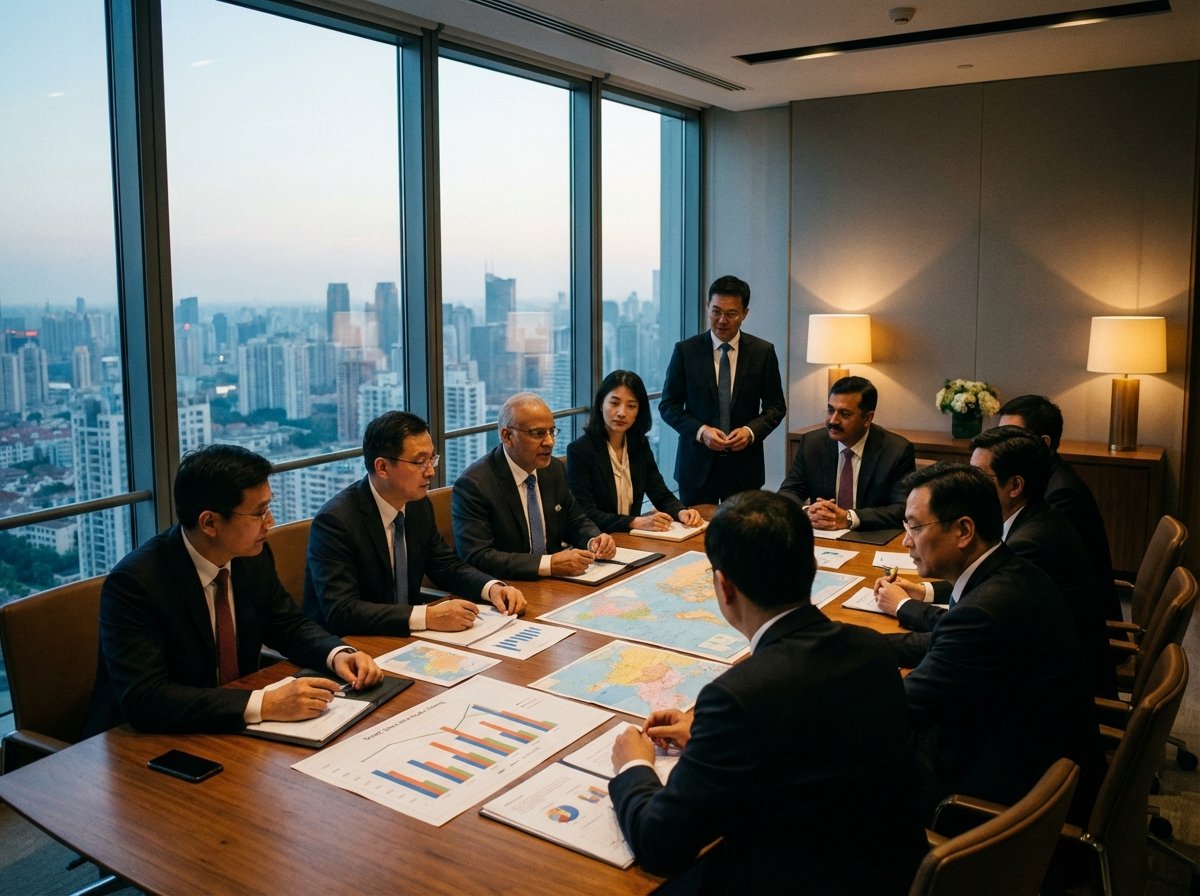 A professional business meeting between Indian and Chinese representatives in a modern boardroom, cityscape visible through the window, maps and trade charts on the table, professional atmosphere, 4:3 aspect ratio, cinematic lighting, no text