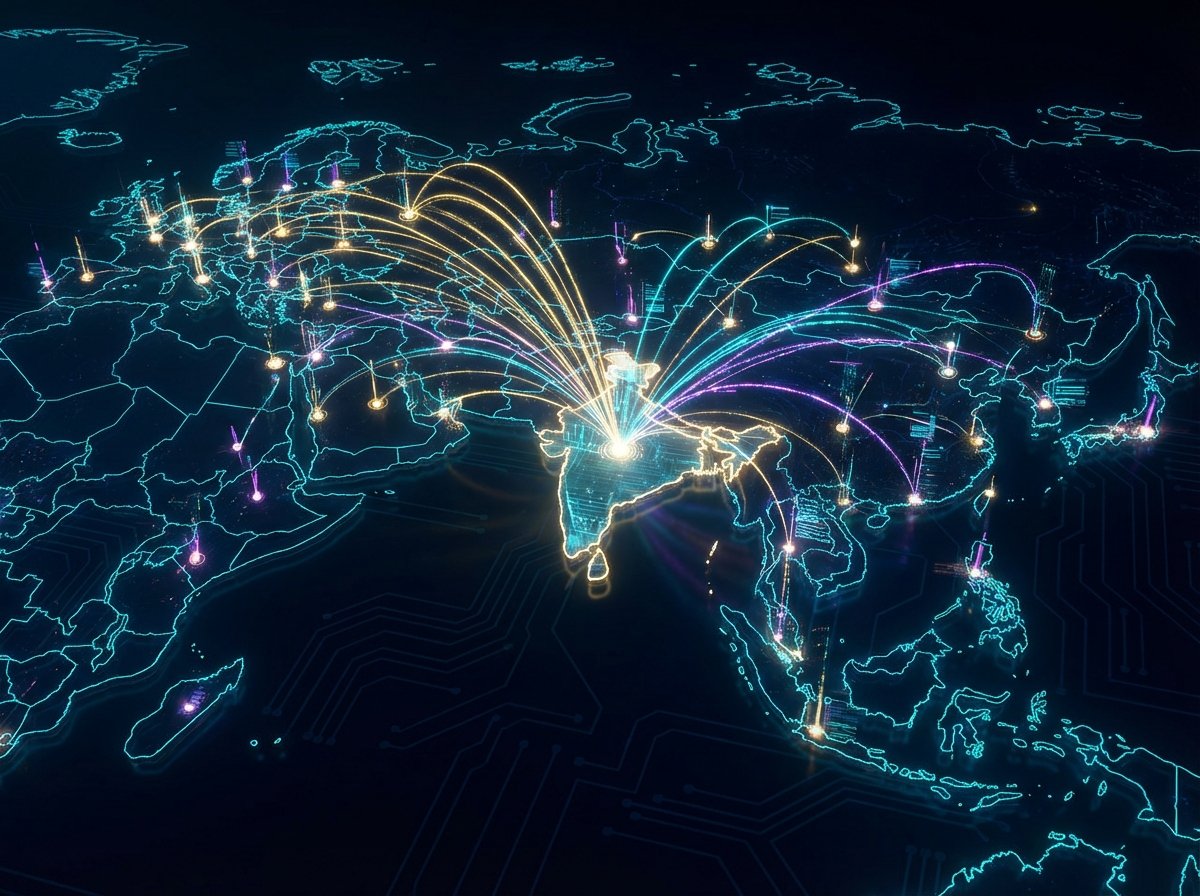 A stylized global map with glowing lines originating from India connecting to various parts of the world like Europe, Middle East, and Asia, representing a diversified export network, futuristic and professional style, 4:3 aspect ratio, high contrast, no text