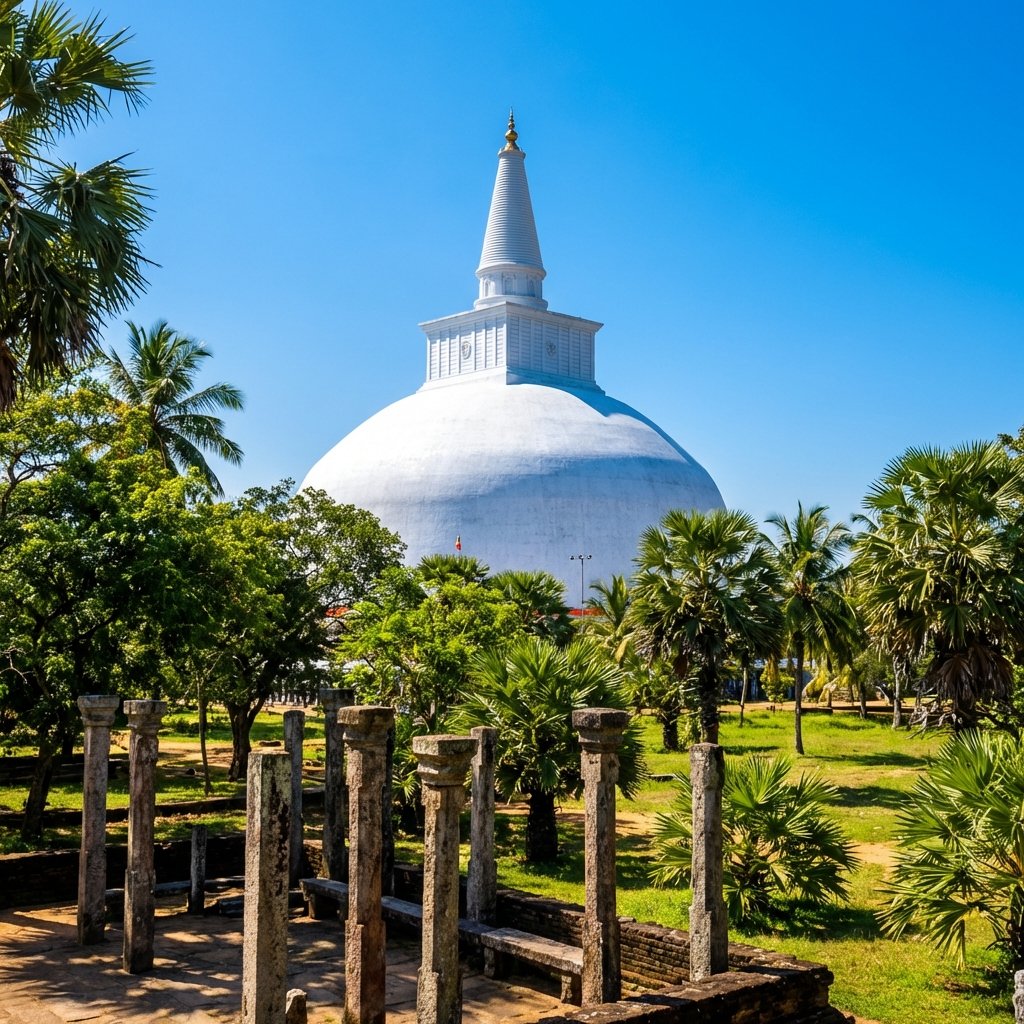 A majestic, massive white dome stupa called Ruwanwelisaya in Anuradhapura, Sri Lanka. Clear blue sky background, bright sunlight illuminating the pristine white structure, lush green surroundings, ancient stone pillars in the foreground, wide angle shot, high contrast, 1:1 aspect ratio, no text.