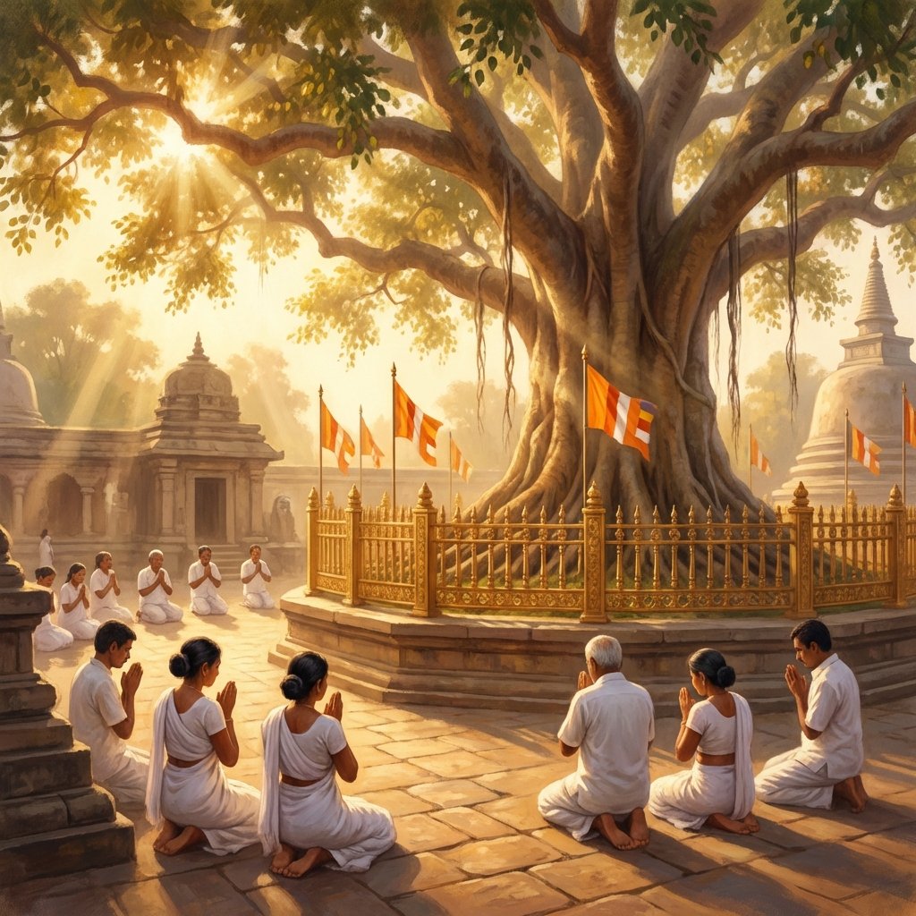 The sacred Jaya Sri Maha Bodhi tree in Anuradhapura, surrounded by golden railings and orange Buddhist flags. Local people dressed in traditional white clothing praying peacefully, warm sunlight filtering through the leaves, ancient temple atmosphere, artistic rendering, 1:1 aspect ratio, no text.