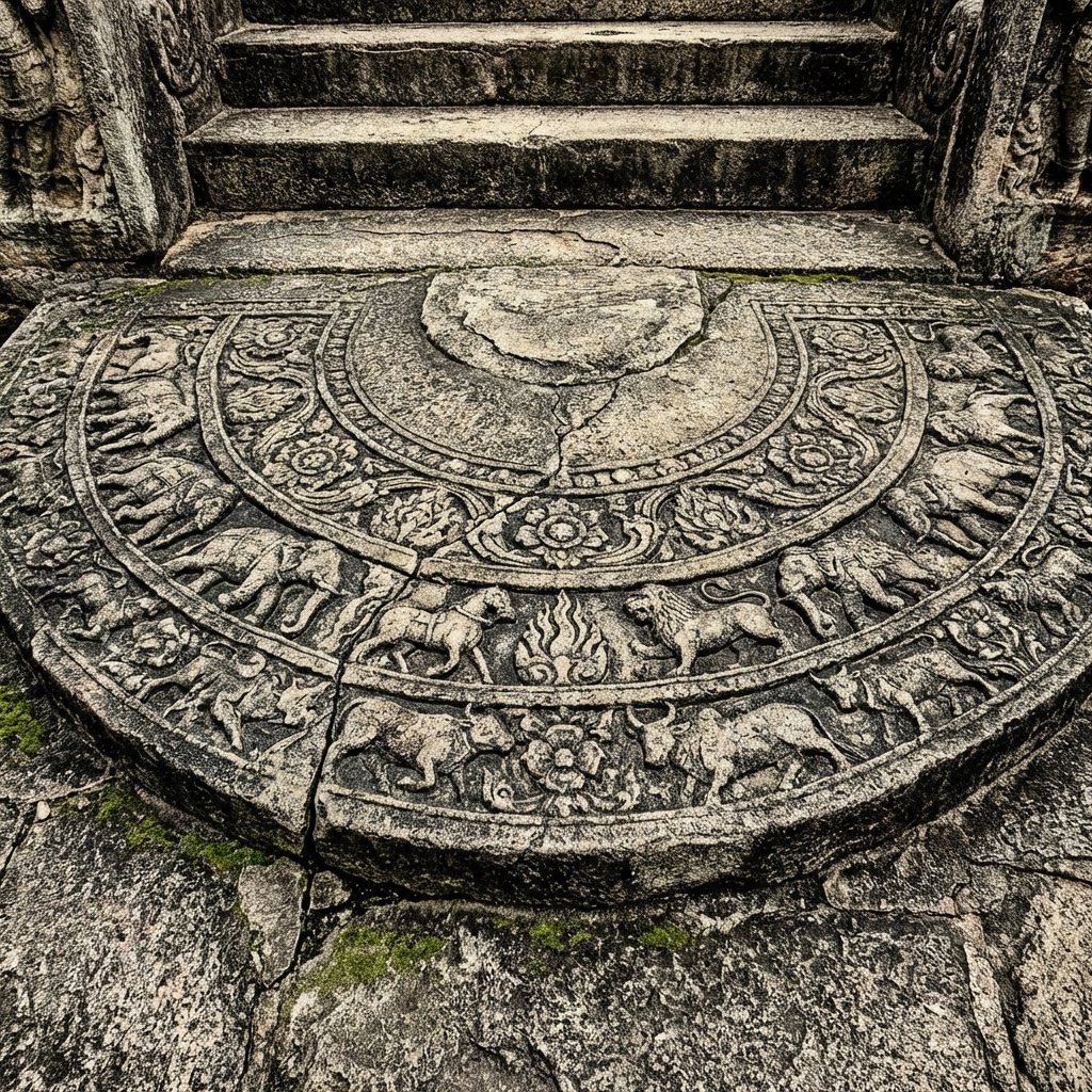 A detailed close-up of an ancient Sinhalese Moonstone (Sandakada Pahana) carved into flat stone at an entrance of a temple in Anuradhapura. Intricate carvings of animals like elephants, horses, lions, and bulls, weathered texture, historical illustration style, high contrast, 1:1 aspect ratio, no text.