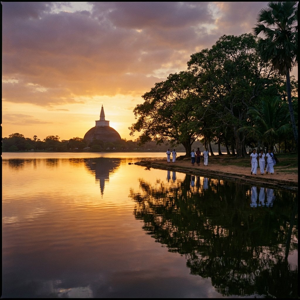 A peaceful landscape of an ancient man-made reservoir (tank) in Anuradhapura at sunset. The silhouette of a distant stupa reflected in the calm water, tropical trees along the shore, warm golden hour lighting, cinematic lifestyle photography, 1:1 aspect ratio, no text.