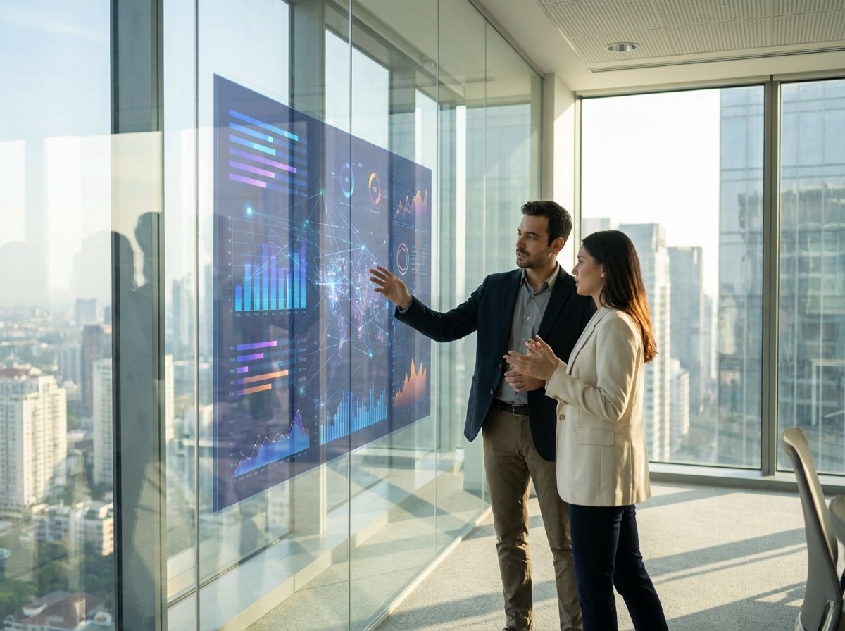Two professional tech leaders in a modern glass office discussing strategy, futuristic digital screen in the background showing AI data flows, cinematic lighting, realistic style, 4:3 aspect ratio, no text