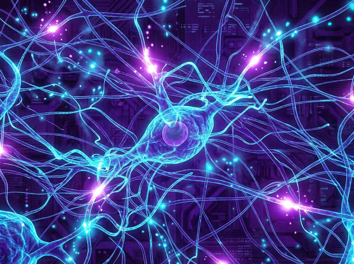 Intricate glowing neural networks with floating light particles, deep purple and neon cyan color palette, textured background, professional tech illustration, 4:3 aspect ratio, no text