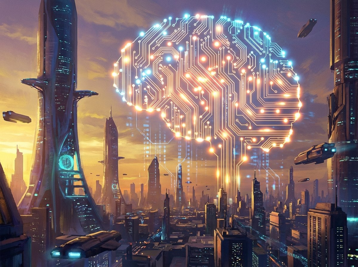 A futuristic cityscape merged with a glowing digital brain icon in the sky, sunset warm lighting, artistic rendering, cinematic atmosphere, 4:3 aspect ratio, no text