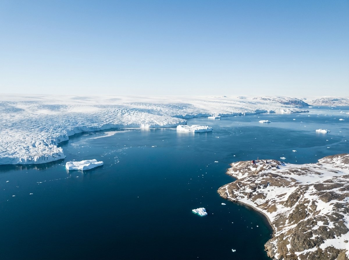 A vast and majestic view of the Greenland ice sheet with a cold blue Arctic ocean under a clear sky, showing the strategic and isolated nature of the island, high quality, realistic photography, 4:3, no text